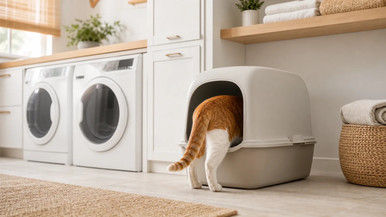 Gato entrando em uma caixa de areia fechada em ambiente doméstico organizado